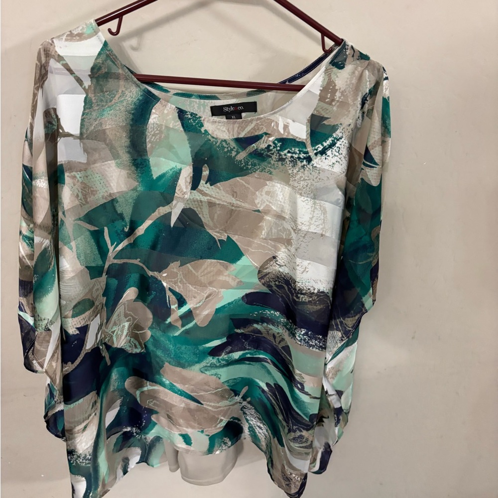 Style & Co. Teal and Beige Abstract Print Blouse